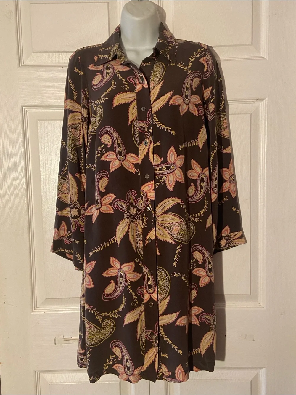 Massimo Paisley Floral Button-Front Tunic Dress in Black and Peach S